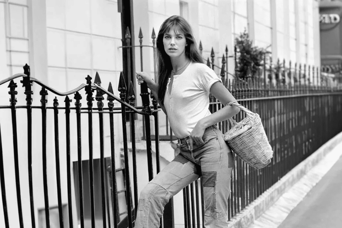 jane birkin in white tee, jeans and basket bag